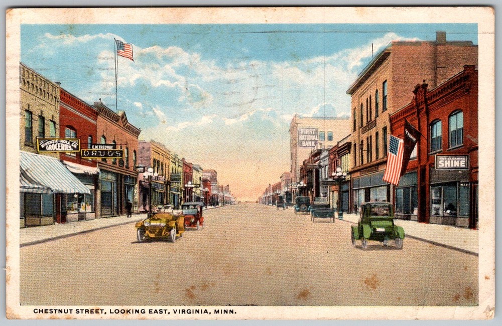 Antique Postcard Chestnut Street Downtown Scene Virginia, MN 1910s
