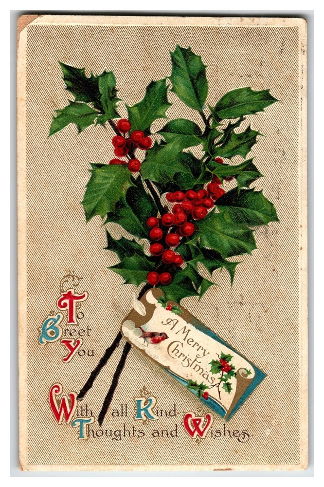 Vintage 1912 Christmas Postcard Holly Berries Embossed Paper