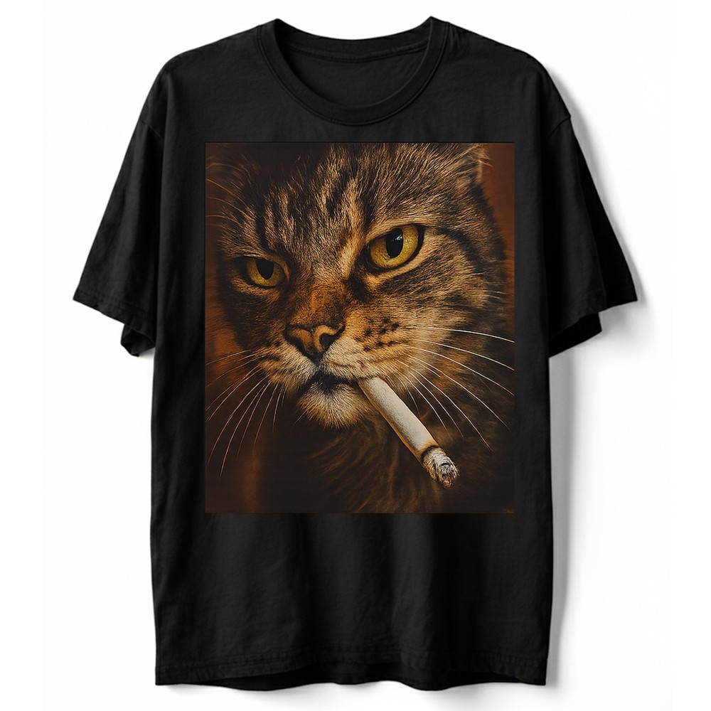 Grumpy Smoking Cat T-Shirt, Funny Meme Aesthetic Vaporwave Feline Graphic Tee