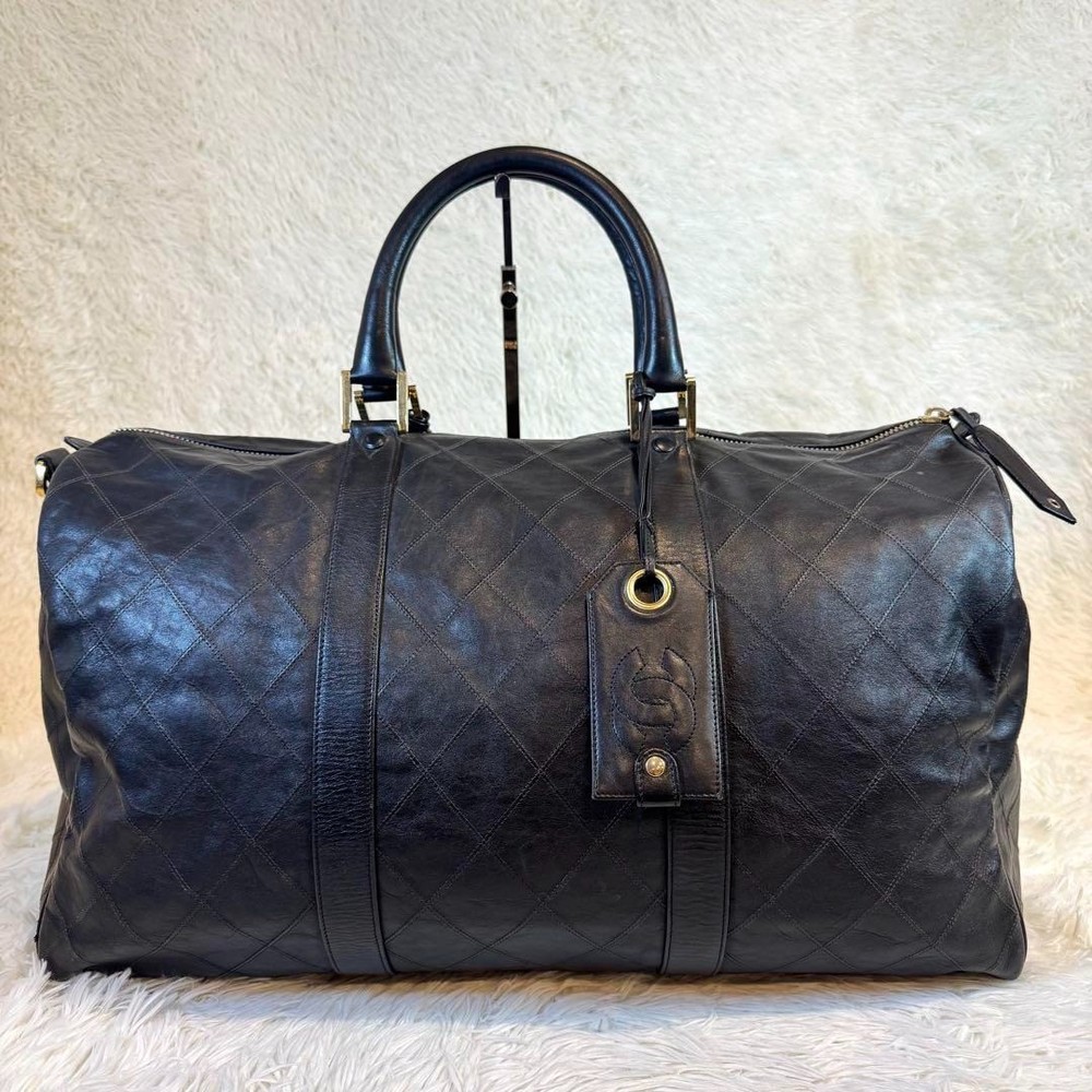 Chanel Boston Bag Black Quilted Leather CC Logo Travel Duffle Handbag Vintage