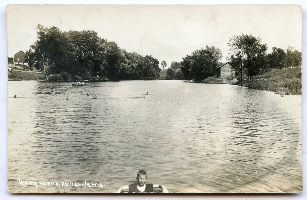 Antique 1915 Real Photo Postcard People Swimming in River NEILLSVILLE WI rppc
