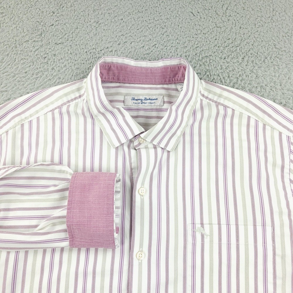 Tommy Bahama Shirt Mens XL White Purple Striped The Newport Coast Pima Cotton
