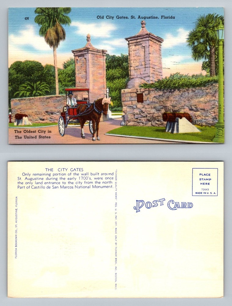 St. Augustine, FL-Florida, Old City Gates Horse Carriage Cannon Vintage Postcard