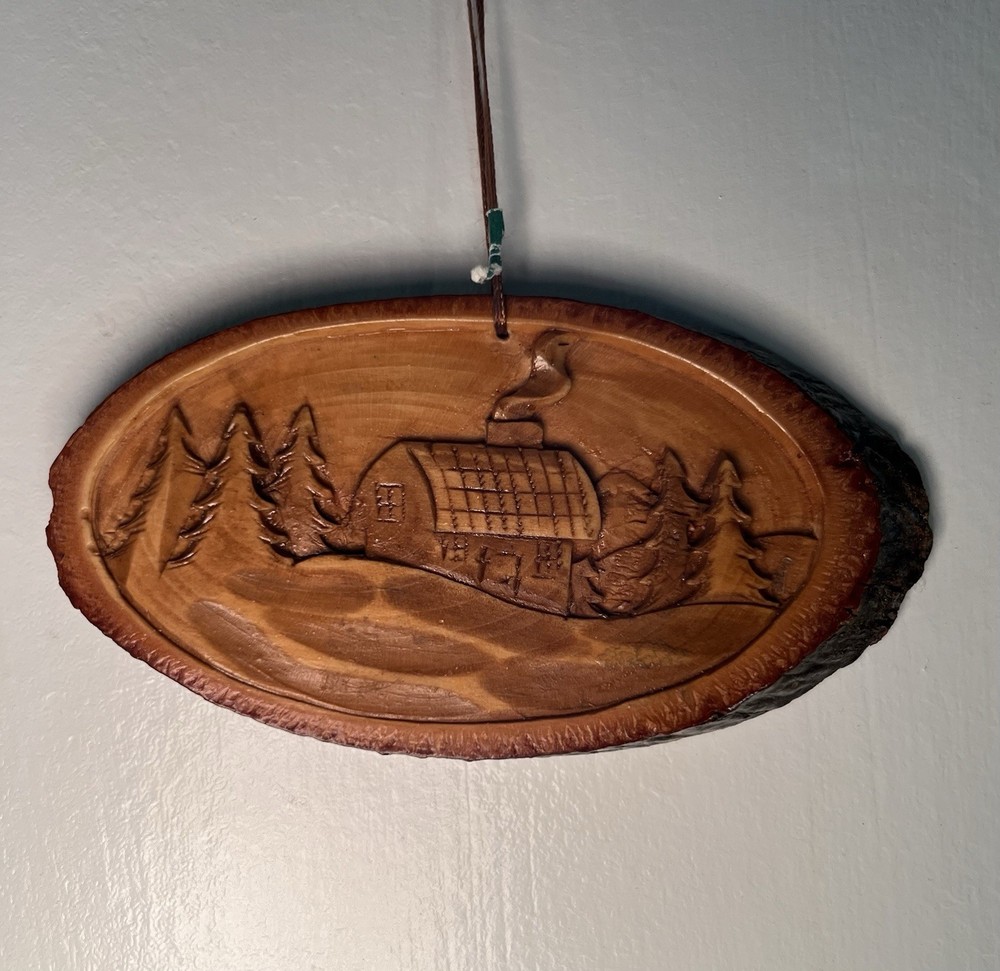 Hand Carved Wooden Plaque, Rustic Mountain Cabin Landscape, Wall Decor