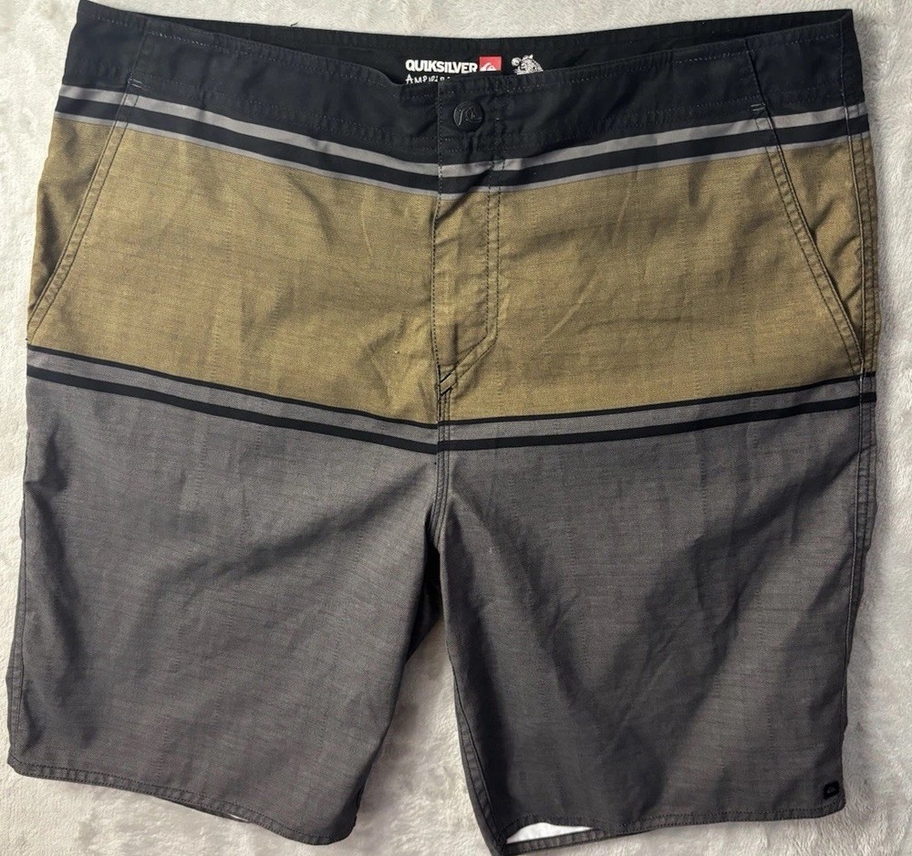 Quiksilver Amphibian Board Shorts Mens 34 Gray Tan Striped  Surf Swim Trunks