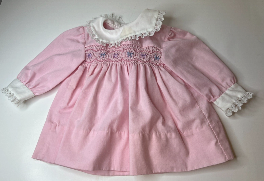 Vintage Carrousel Infant Pink Hand Smocked Dress Lace Edges Tie Back 12M
