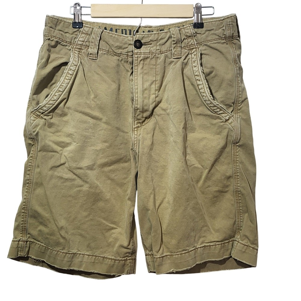 American Eagle Mens Khaki Longer Length Distressed Cotton Twill Shorts Tan 32