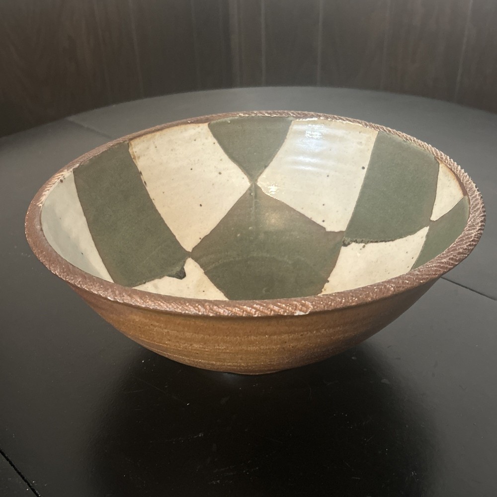 Large Sarah Dudgeon Studio Pottery Bowl Signed Green & White Checkerboard Design