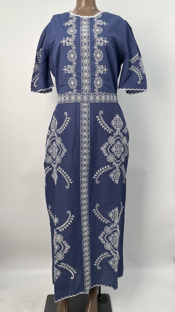 Cartolina Women Midi Dress Indigo Blue Size 8 Bobbi Short Sleeve Lace Cotton Zip