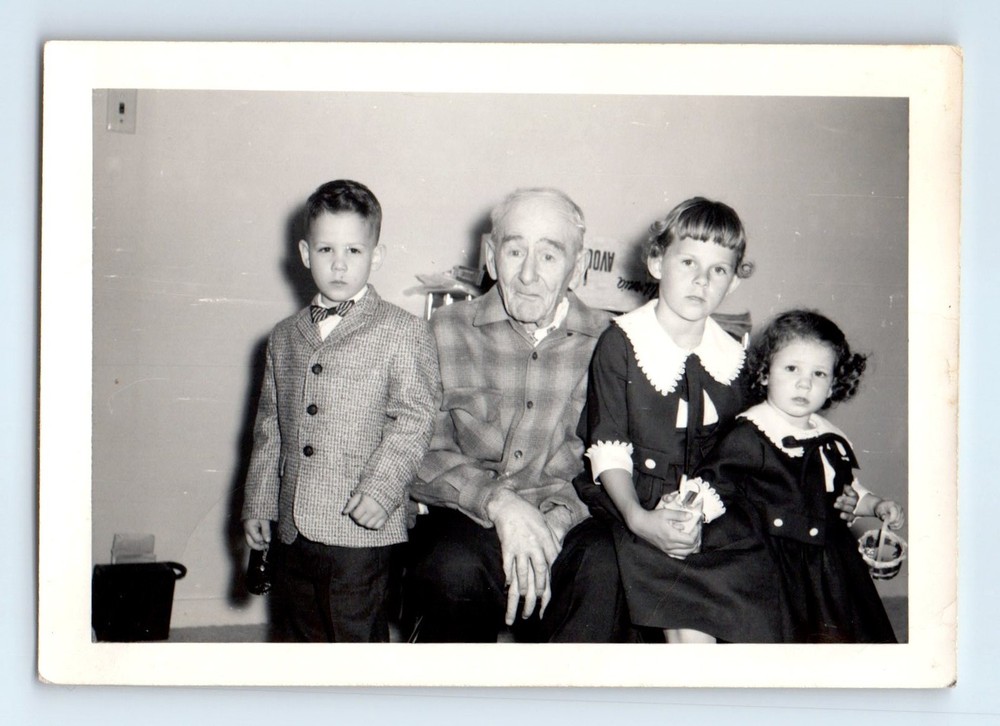 Old Vintage Photo OLDER MAN BOY WITH BOWTIE GIRLS HOLDING BASKET