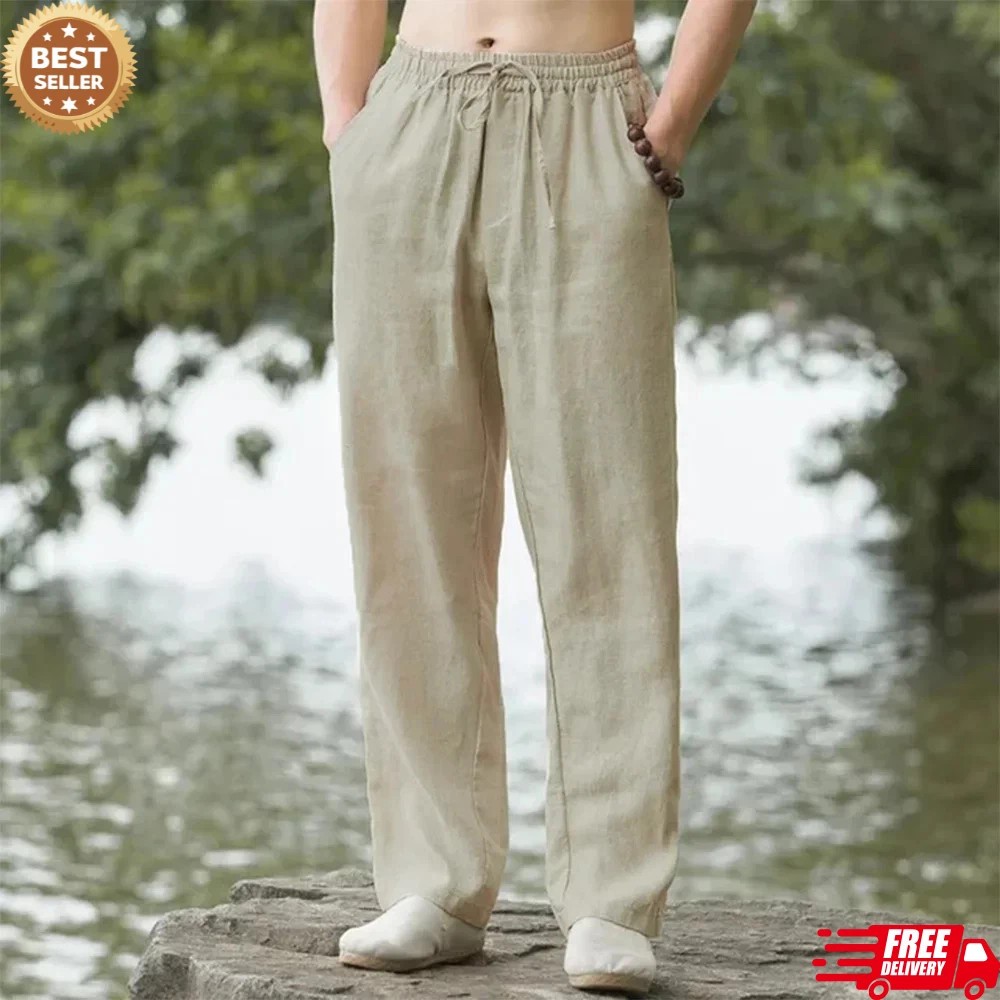 Men's Summer Cotton Linen Pants Lightweight Casual Loose Beach Joggers