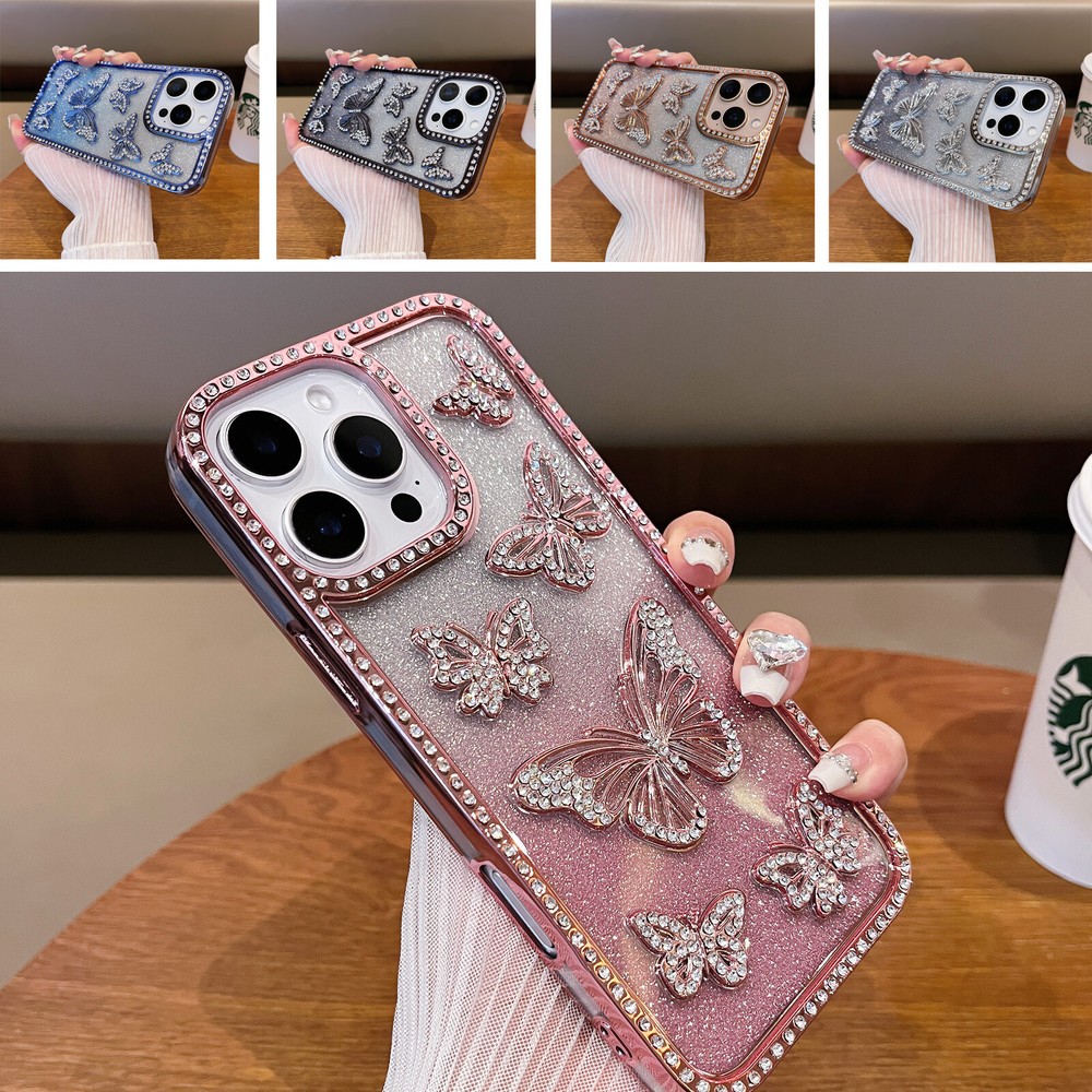 For iPhone 16 Pro Max 15 14 13 12 Glitter Butterfly Shockproof Case Rugged Cover