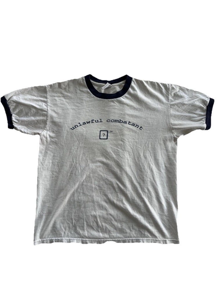Vintage T-Shirt With Unlawful Combatant Graphic, Blue Trim, Size M