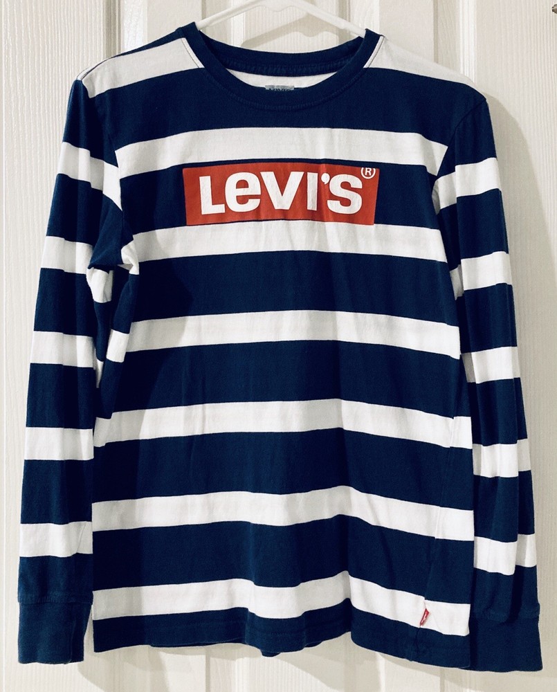 Levi's Boys Shirt, Size XL 18/20, Long Sleeve, Navy Blue Striped, Crew Neck