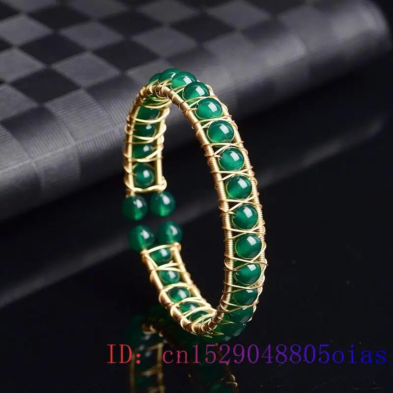 Green Jade Beads Bracelet with Silver Zircon Chalcedony Charm for Women