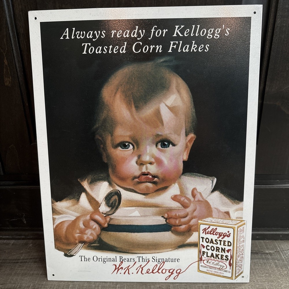 Kellogg's Corn Flakes Sign Baby Metal Vintage Advertising Tin USA Retro wall Art
