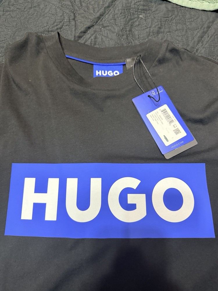 HUGO Men's Black Crew Neck Short Sleeve Graphic T-Shirt w/ Blue Logo