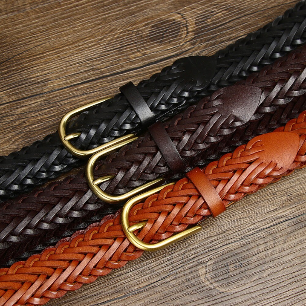 Italian Top Grain Cowhide Belts Handmade Woven Genuine Leather Pin Buckle Belt