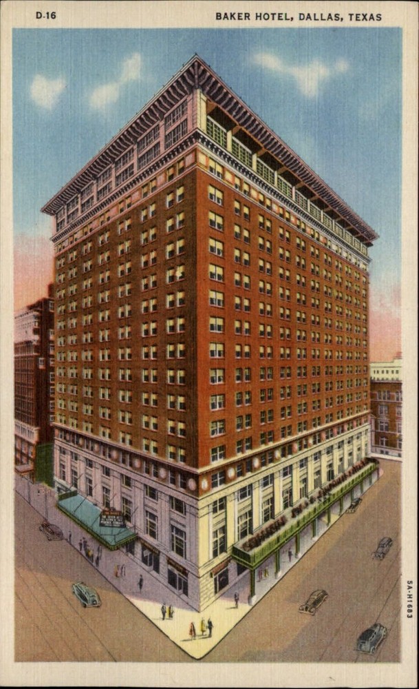 Baker Hotel ~ Dallas Texas ~ aerial view ~ unused 1940s linen postcard
