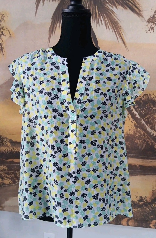 Flutter Sleeve, Ditsy Floral Top, Large, Yellow/Green/Black, On 34th, Split Neck