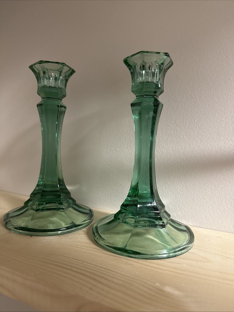 Vintage Pair Indiana Glass Teal Green Paneled Chandelier Candlestick Holders 6