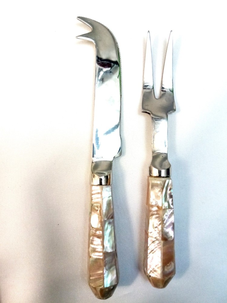 Set of Cheese Knife & Fork Faux Pearl Hex Shaped Handles & Stainless Steel