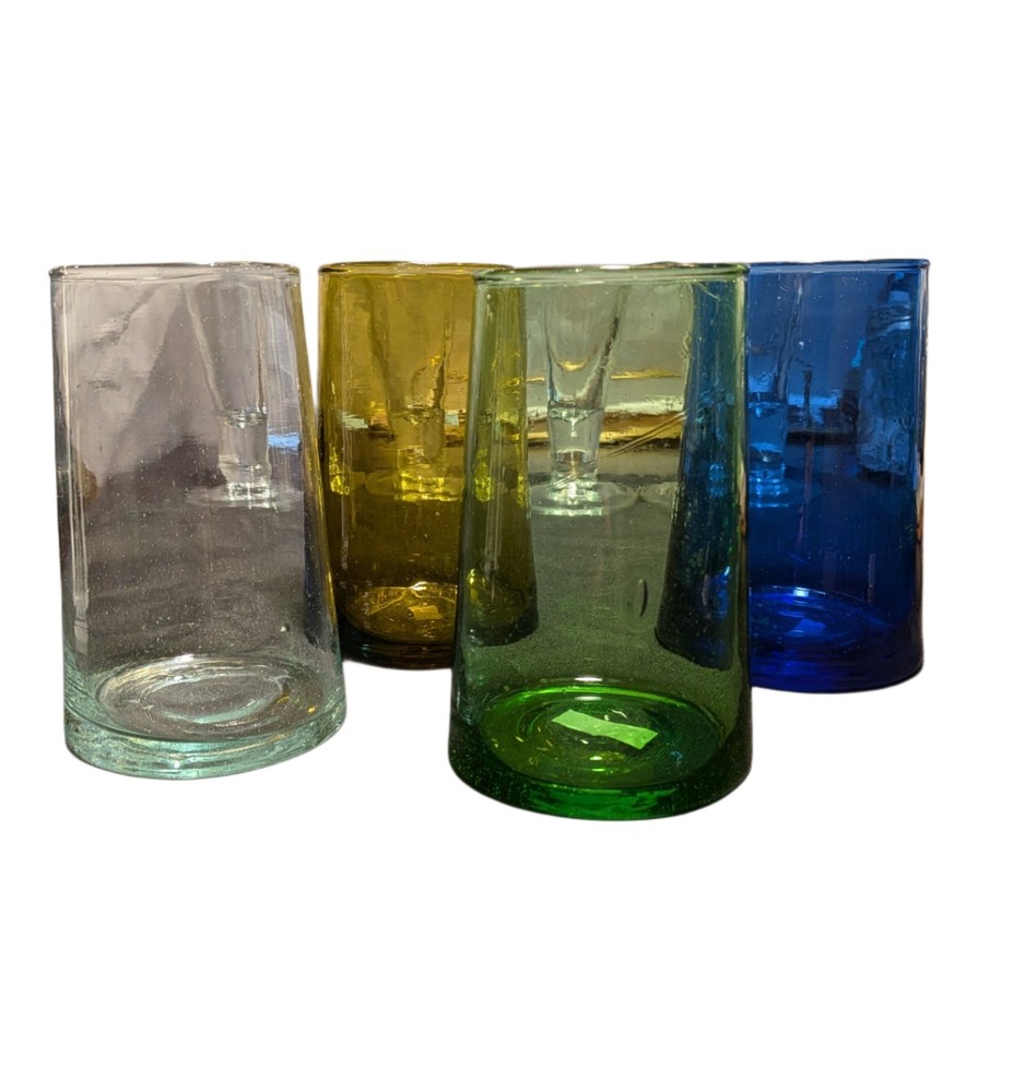 Moroccan Cone Glassware Set of 4 Hand Blown High Ball/Water Tumblers Multicolor