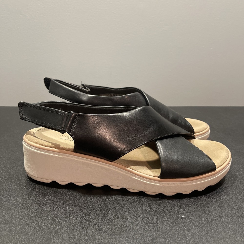 Clarks Kassandra Step Womens Black Leather Platform Wedge Sandals Size 9 Comfort