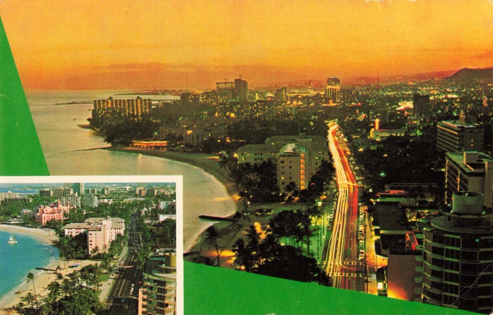 Birdseye View Sunset Kalakaua Avenue Waikiki Beach Honolulu Hawaii HI c1970 PC