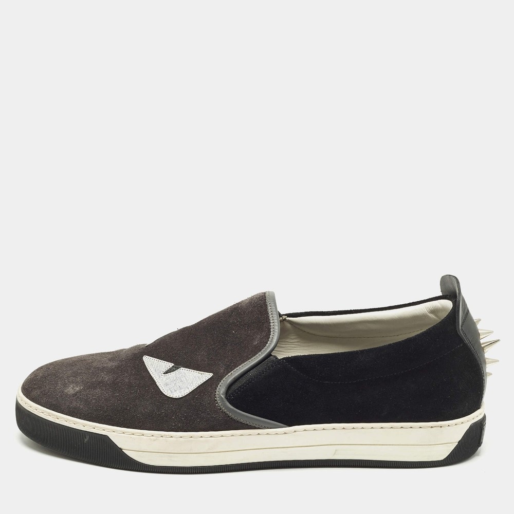 Fendi Monster Eyes Size 44.5 BlackGrey Leather and Suede Slip On Sneakers