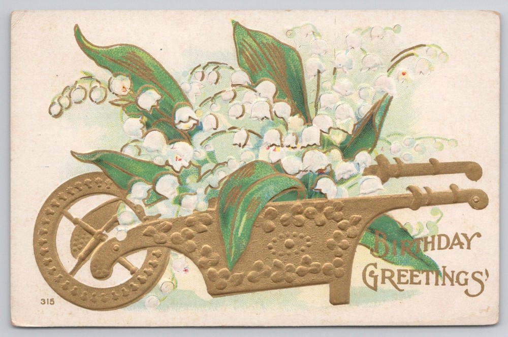 Vintage Embossed Lily of the Valley Wheelbarrow Birthday Postcard