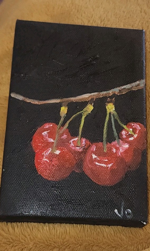 Cherries Still Life Painting on Canvas Original Small Signed Unframed