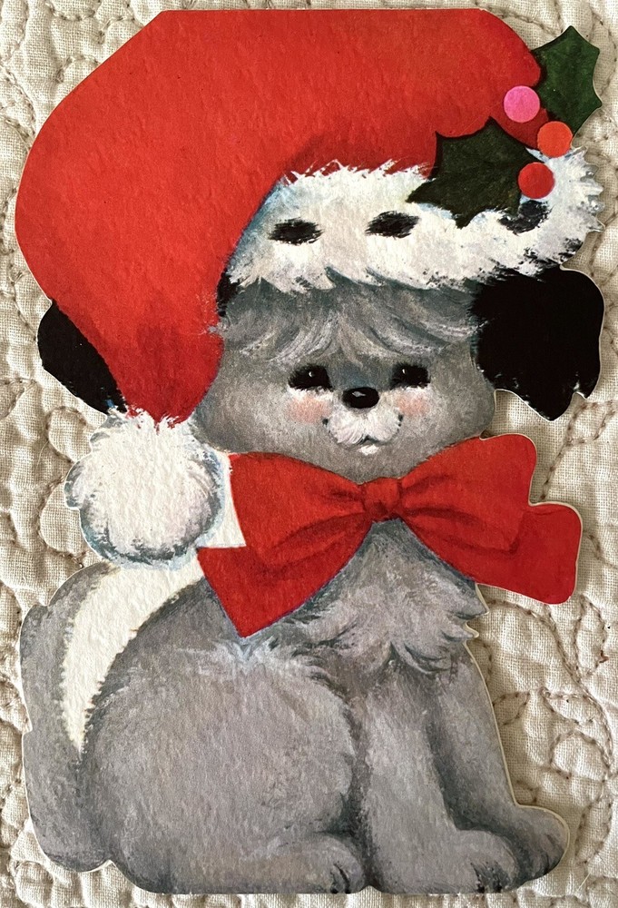 Unused Christmas Dog Puppy Santa Hat Black Gray Vtg Greeting Card 1960s Hallmark