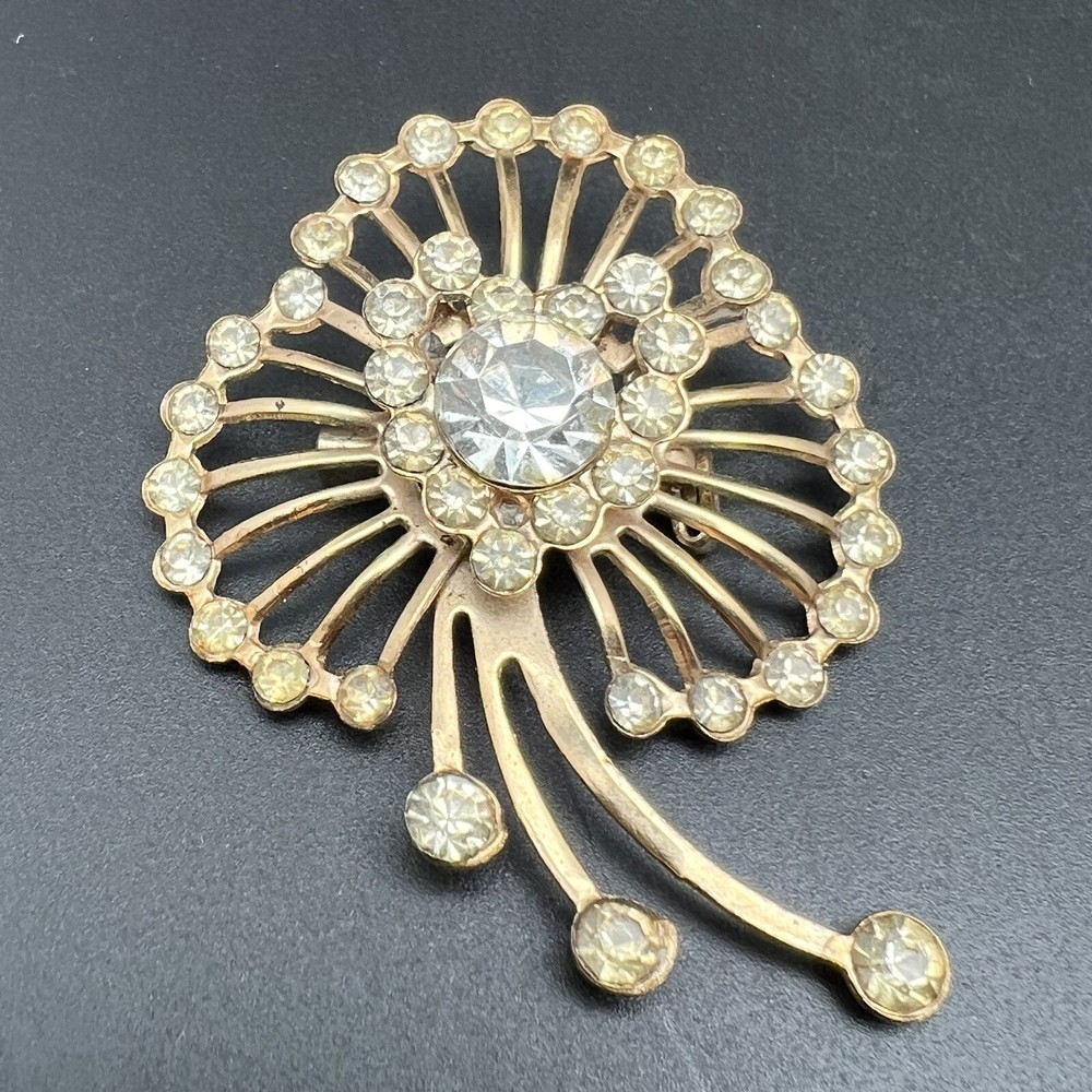 Vintage Art Deco Style Brooch Pin Gold Tone With Clear Stone