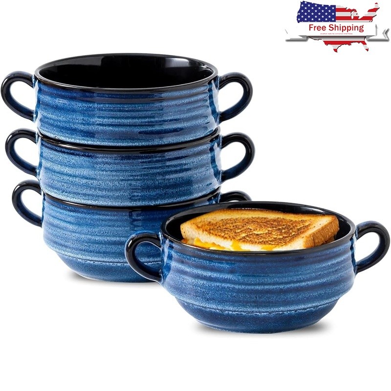 Ceramic Soup Bowls W/ Dual Handles Large Capacity Stackable Set Kitchen New