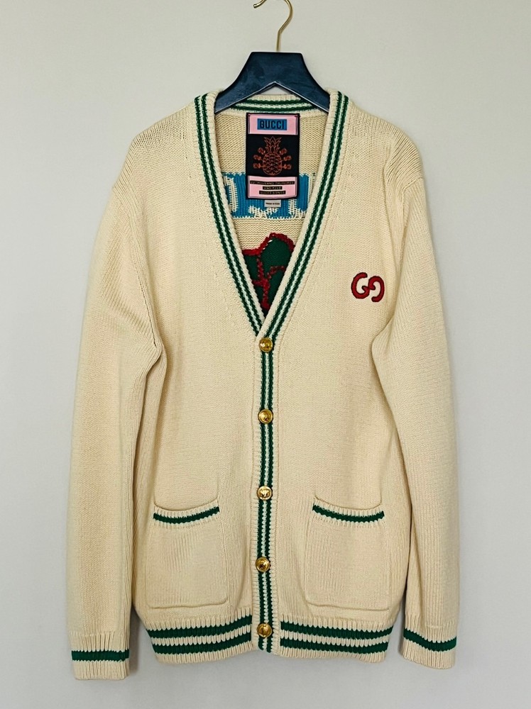 Authentic Gucci Sweater Pineapple Cotton Cardigan Gg Interlocking Size Xs