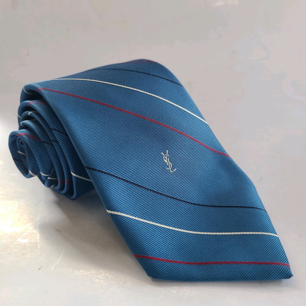 Vintage Yves Saint Laurent Men's YSL Logo Tie Blue w Red Black White Stripes