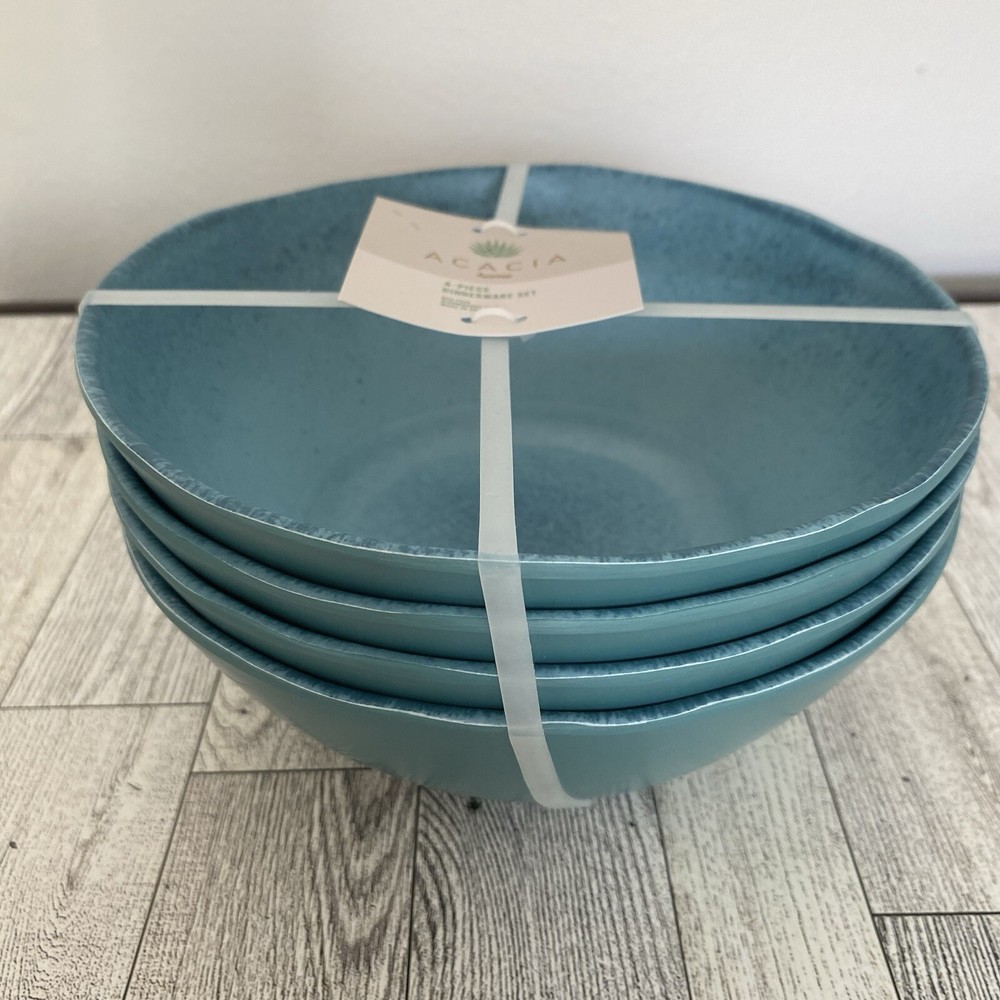 Acacia Home Set/4 Salad Soup Bowls Deep Turquoise Speckle Melamine Wavy Edge NWT-image