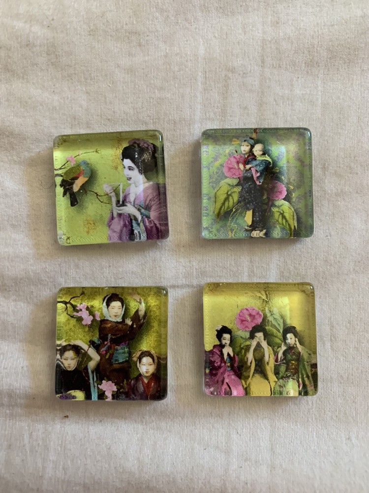 Vintage Japanese Geisha Square Tile Magnets Handmade in Yellow and Green