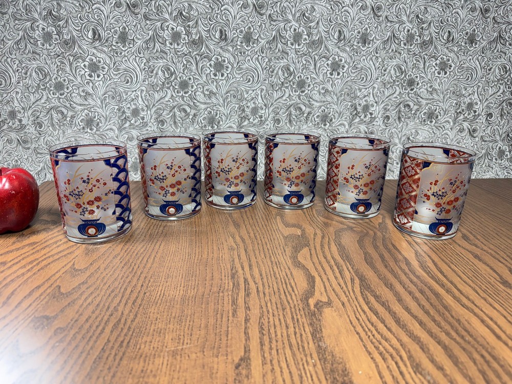 Mid Century Culver Imari Glasses 22k Gold Oriental MCM Bar Glass Lowball Liquor