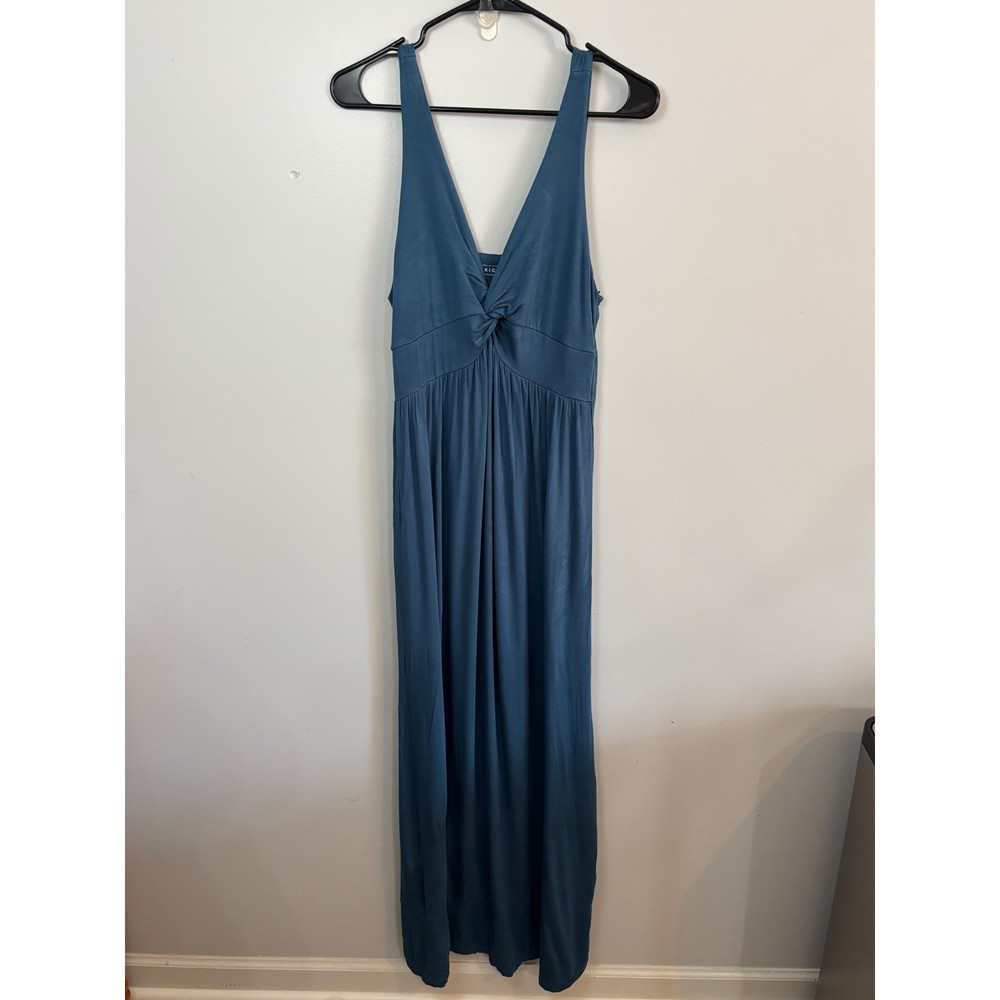 KicKee Women's Maxi Dress V Neck Sleeveless Blue Knit Twist Front Casual