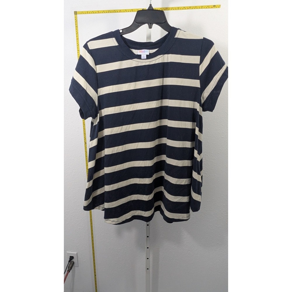 LuLaRoe Classic TShirt Women Large Navy Blue Cream Striped Short Sleeve Crewneck