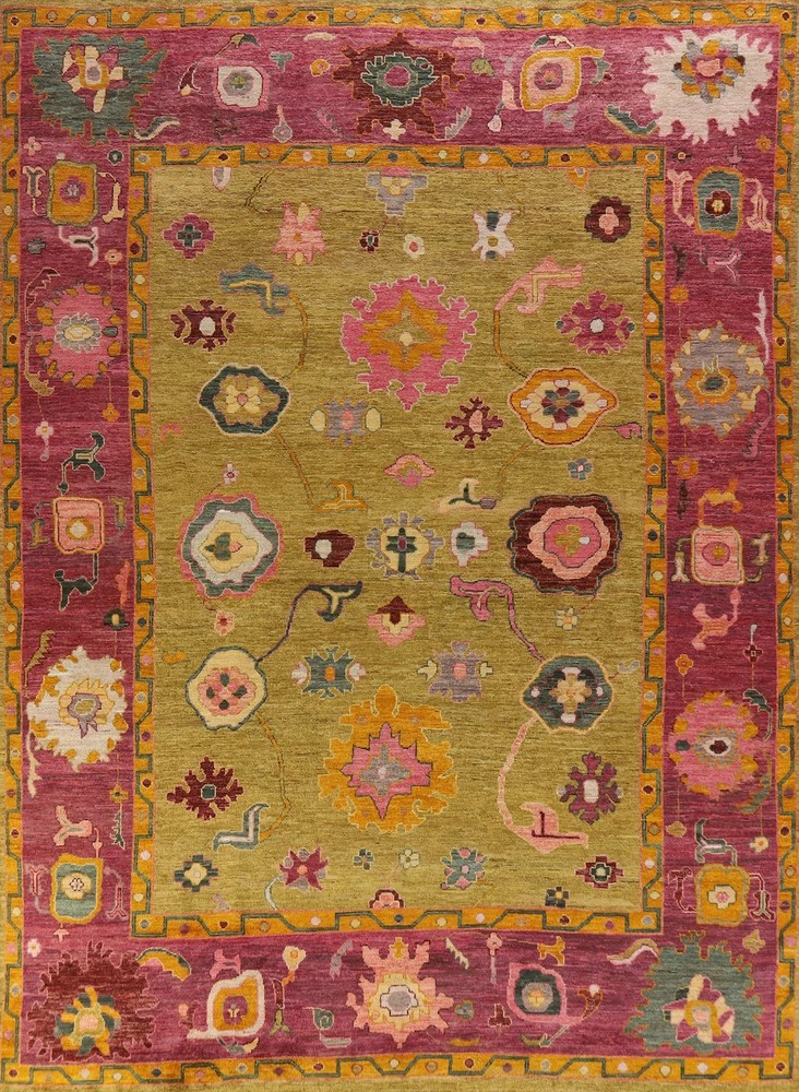 Hand Knotted Oushak Rug Blue Red Wool Turkish Area Rug Tribal Geometric Carpet