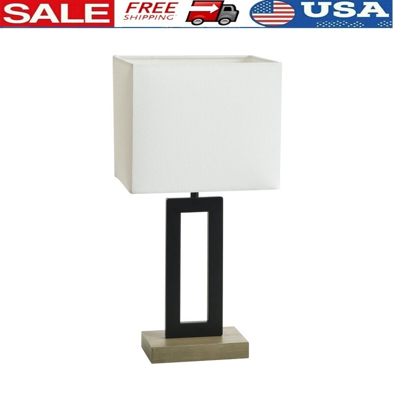 Metal Windowpane Table Lamp Faux Wood Base Rectangular Shade Decorative Lighting