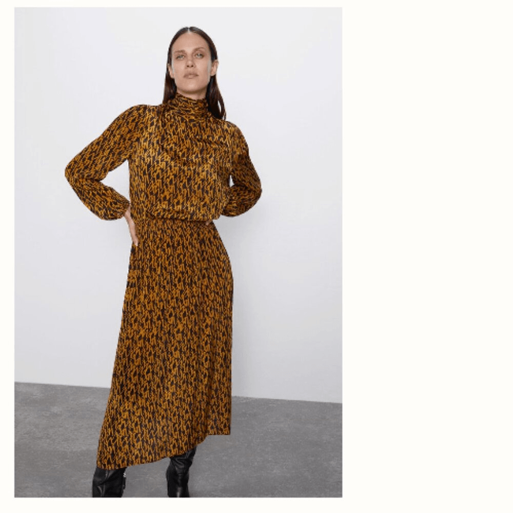 Zara Mock Neck Printed Maxi Dress Balloon Sleeve Smocked Size XS Long Sleeve