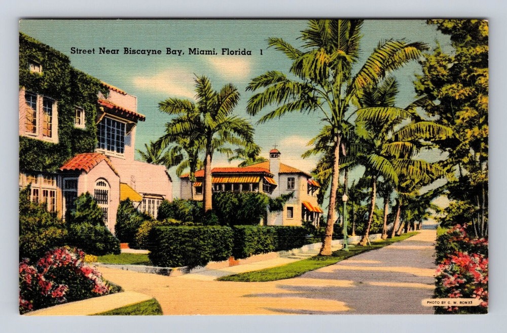 Miami FL-Florida, Residences On Street Near Biscayne Bay Vintage Postcard