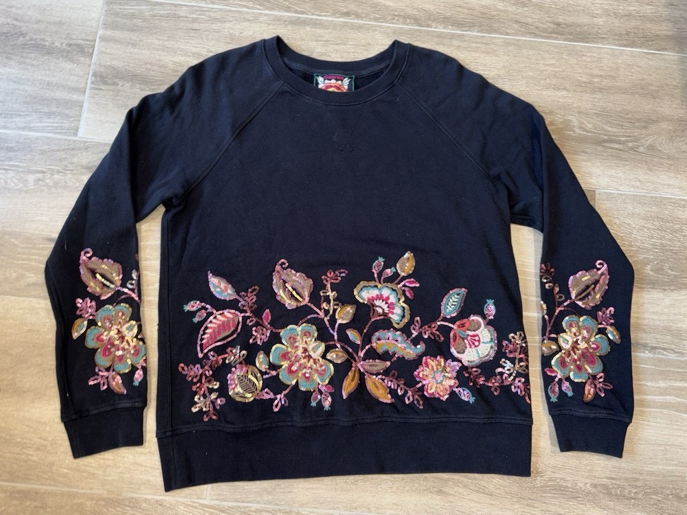 Johnny Was Floral Embroidered Brenda Sweatshirt Black Women's Size Small