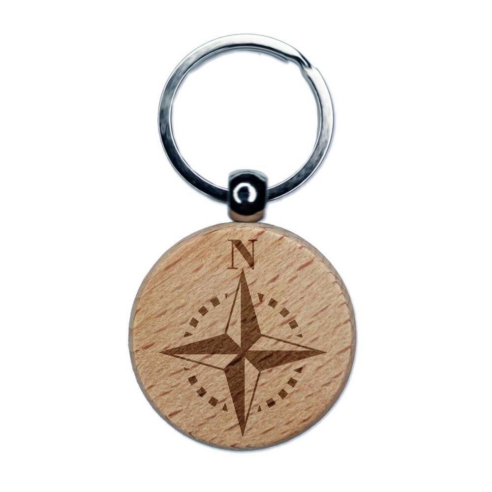 Compass Rose Nautical Star Navigation Map Engraved Wood Round Keychain Tag Charm