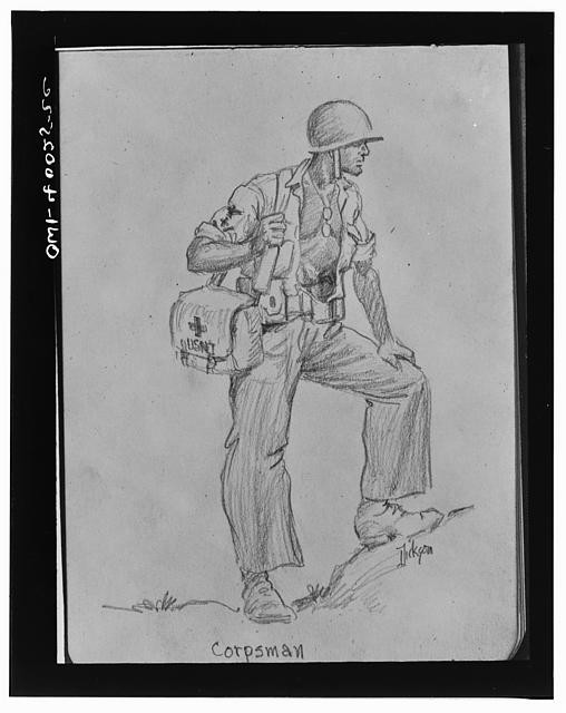 Photo:WWII U.S. Army Corpsman Sketch 1940s Soldier Medic Helmet Bag