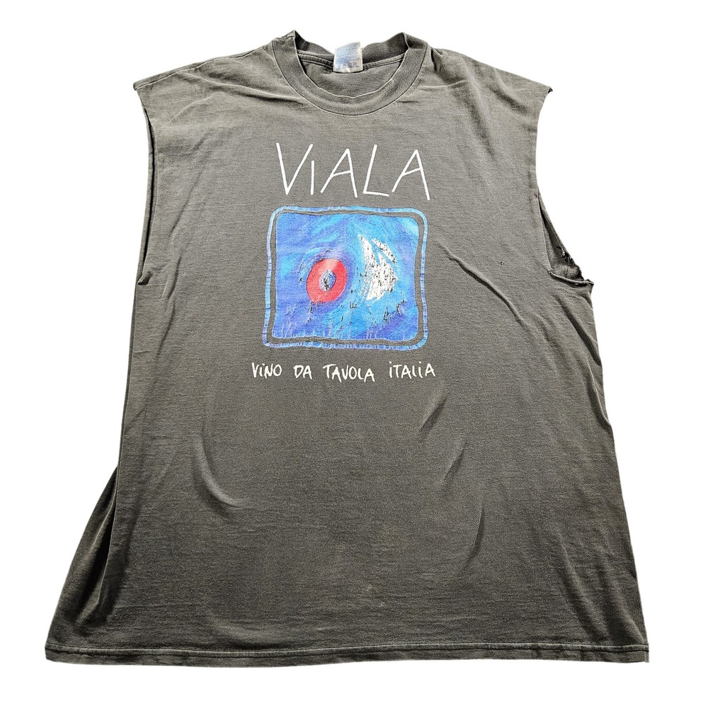 Vintage Viala Shirt Mens XL Sleeveless Graphic Art Italy Wine Tee 90s Distressed